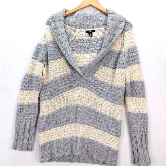 GAP Cable Knit Sweater Womens Size M Gray Cream Striped Wool Alpaca Shawl Collar - Picture 1 of 10